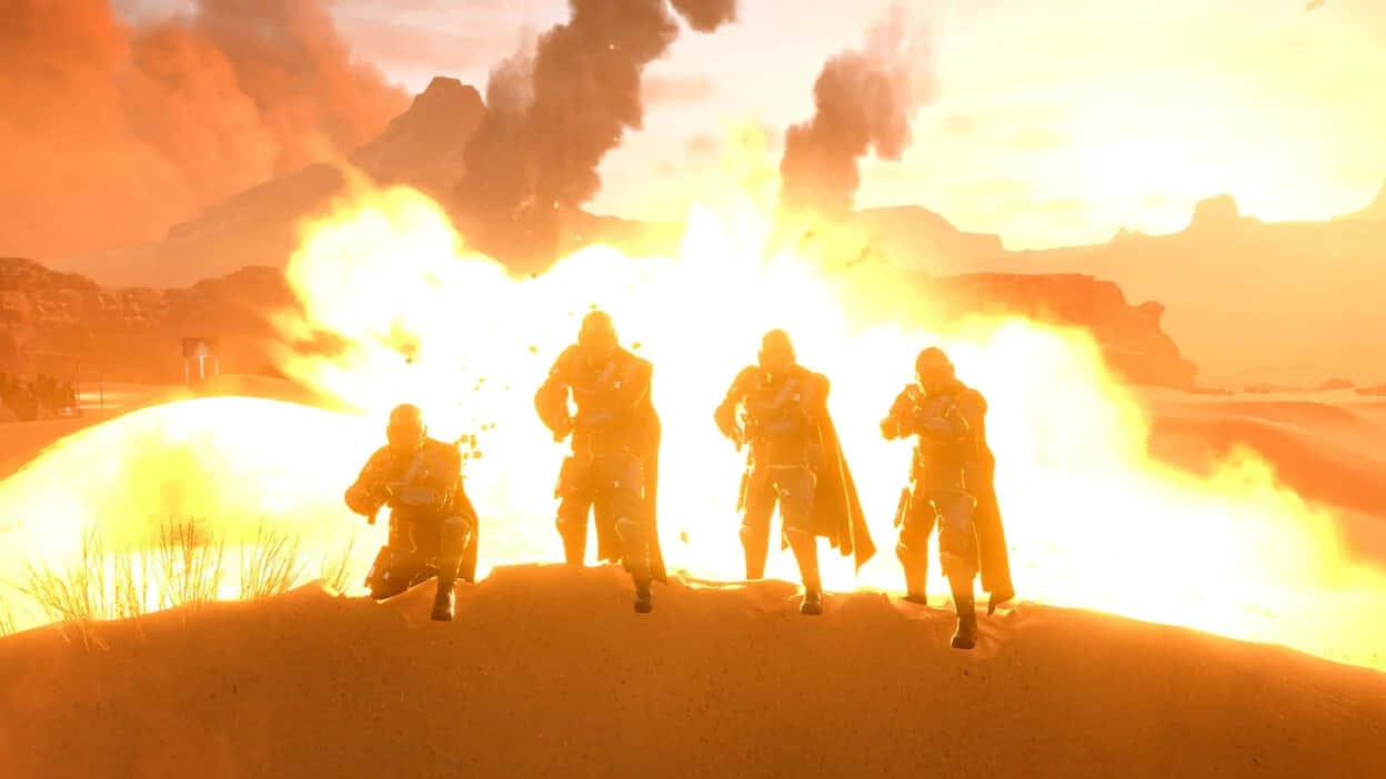 Helldivers, explosive combat scene, desert canyon, SD Desktop Wallpaper