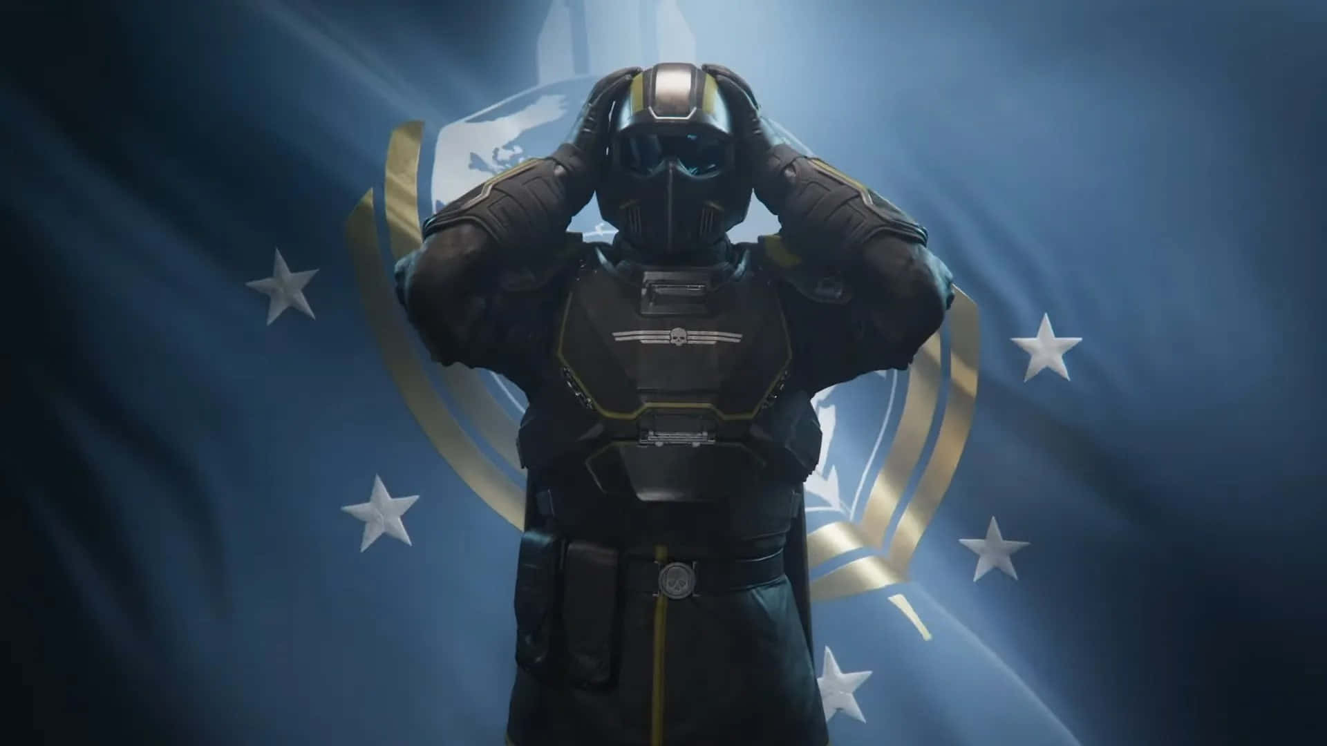 Helldivers 2, black armor, blue flag, Full HD Desktop Wallpaper