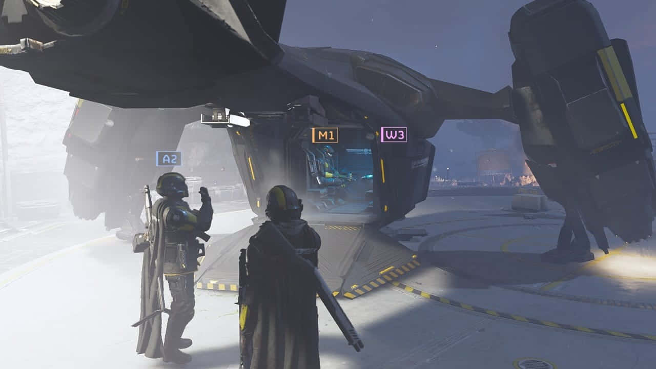 Helldivers, futuristic spaceship, misty alien landing pad, HD Desktop Wallpaper