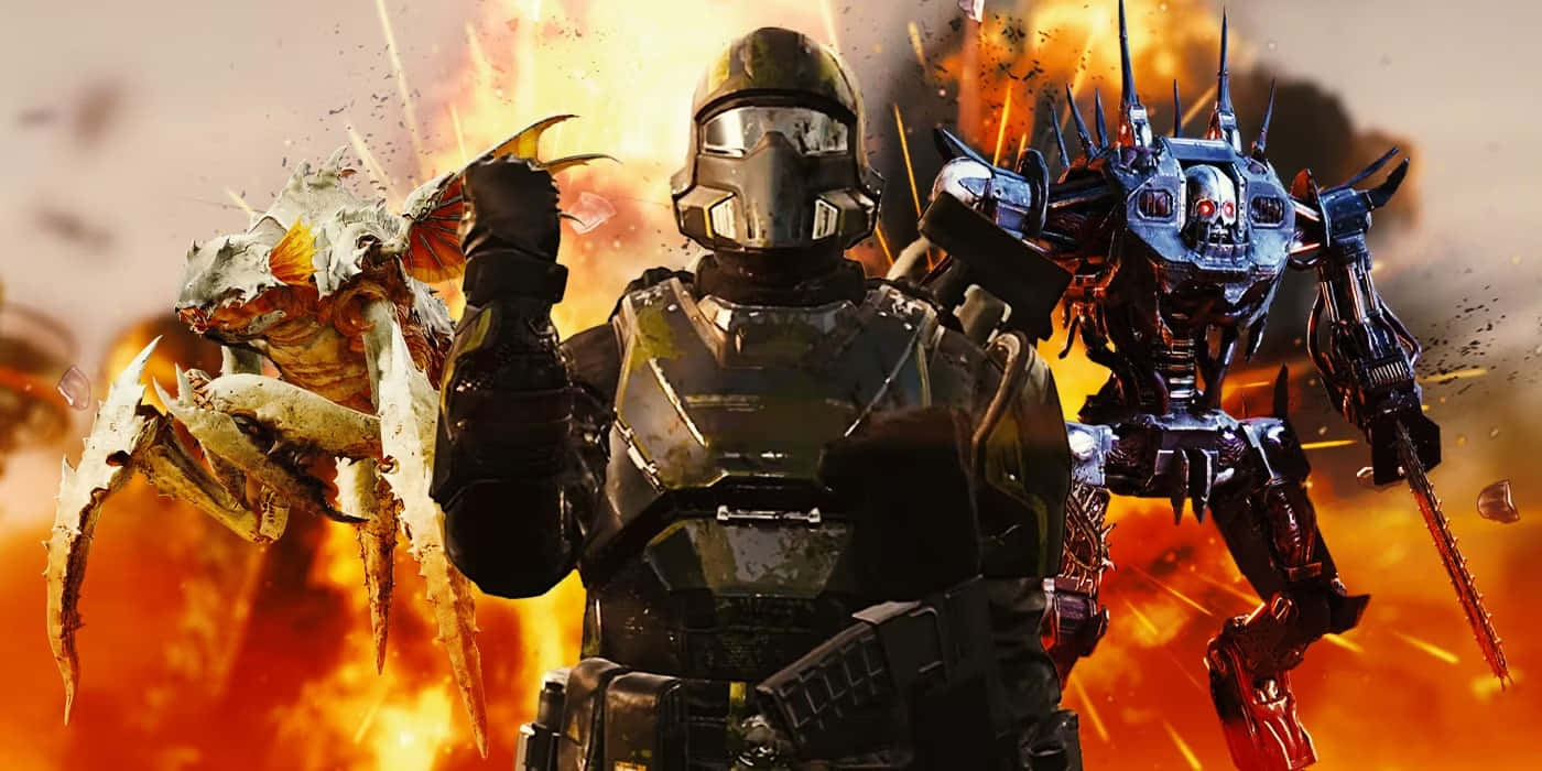 Helldivers 2, dark armor, monstrous crab-like creature, HD Desktop Wallpaper