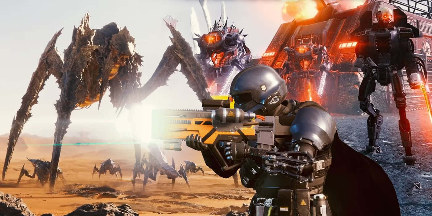 Helldivers 2, desert battlefield, futuristic armor, HD Desktop Wallpaper