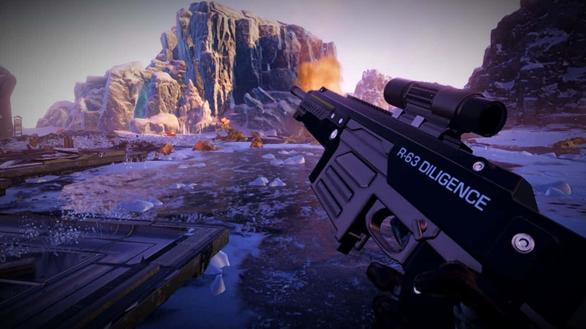 Helldivers 2, futuristic rifle, snowy alien canyon, SD Desktop Wallpaper