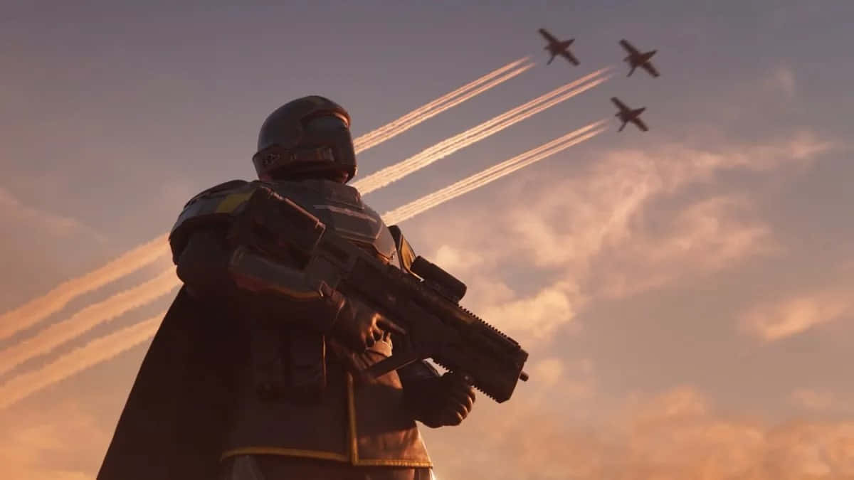Helldivers, soldier, fighter jets, SD Desktop Wallpaper