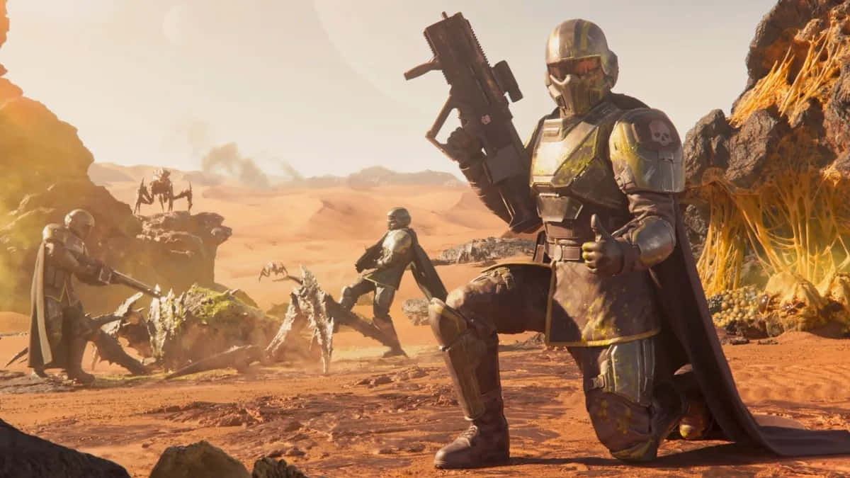 Helldivers 2, desert battlefield, hazy sun, SD Desktop Wallpaper