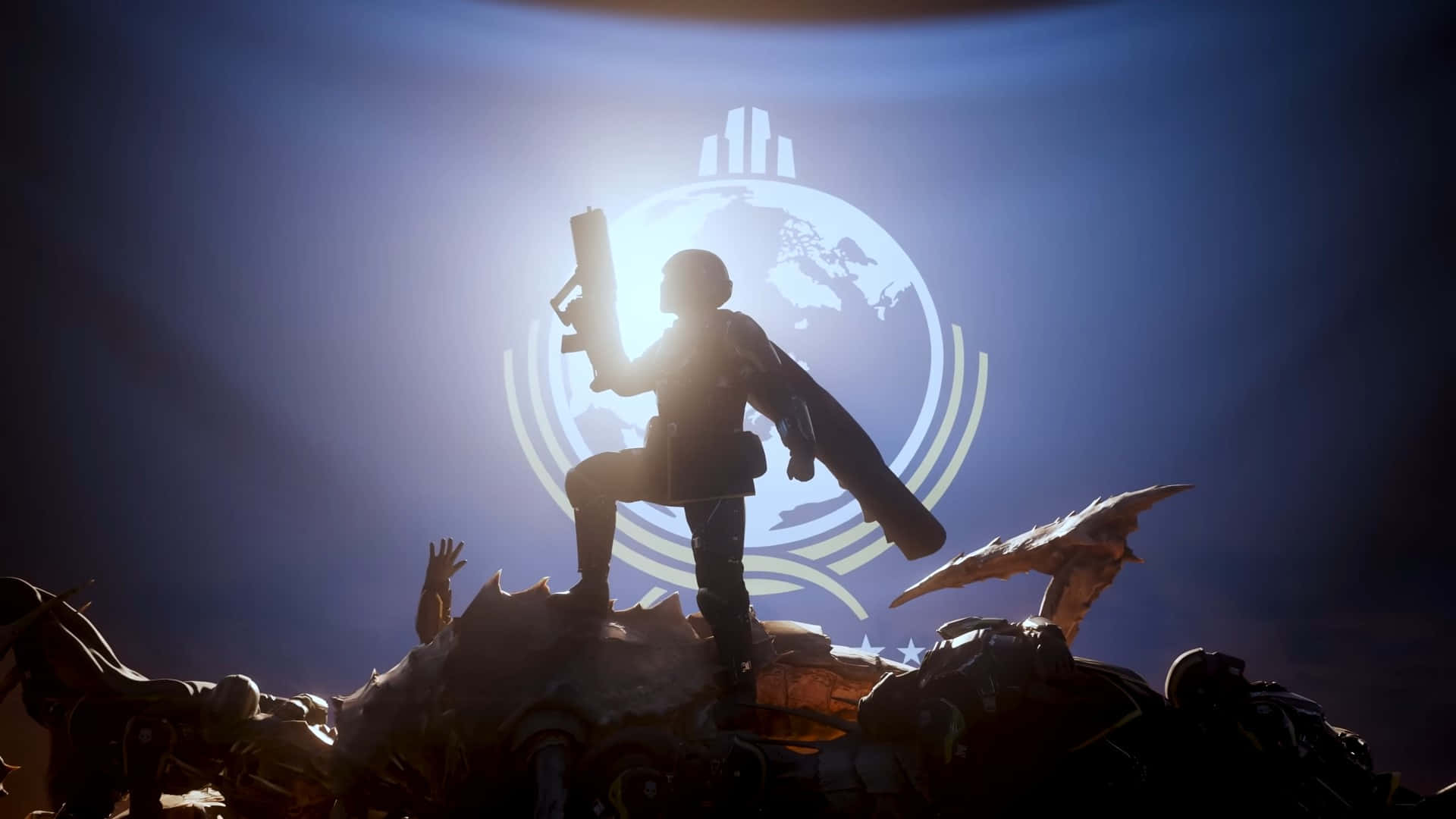Helldivers, victory pose, glowing globe, Full HD Desktop Wallpaper