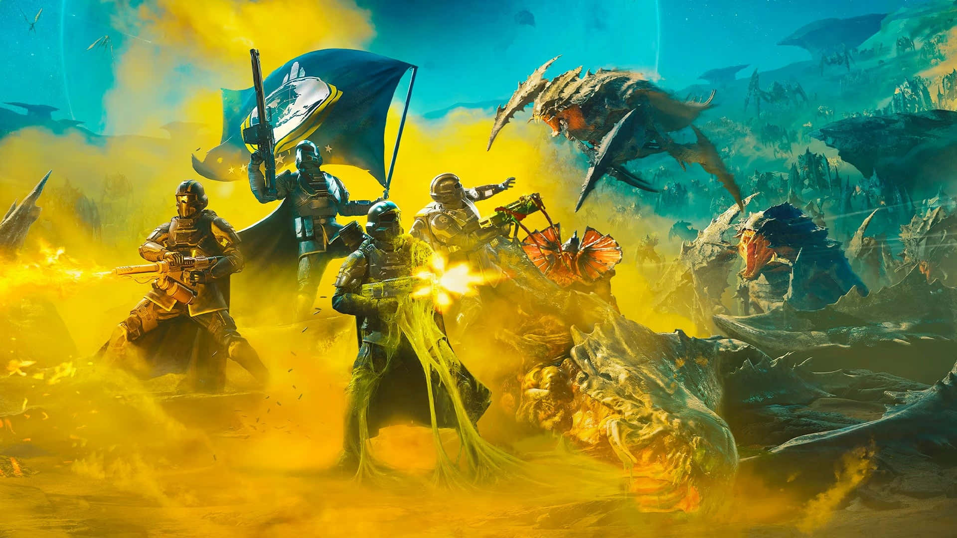 Helldivers 2, armored warriors, explosive yellow smoke, Full HD Desktop Wallpaper