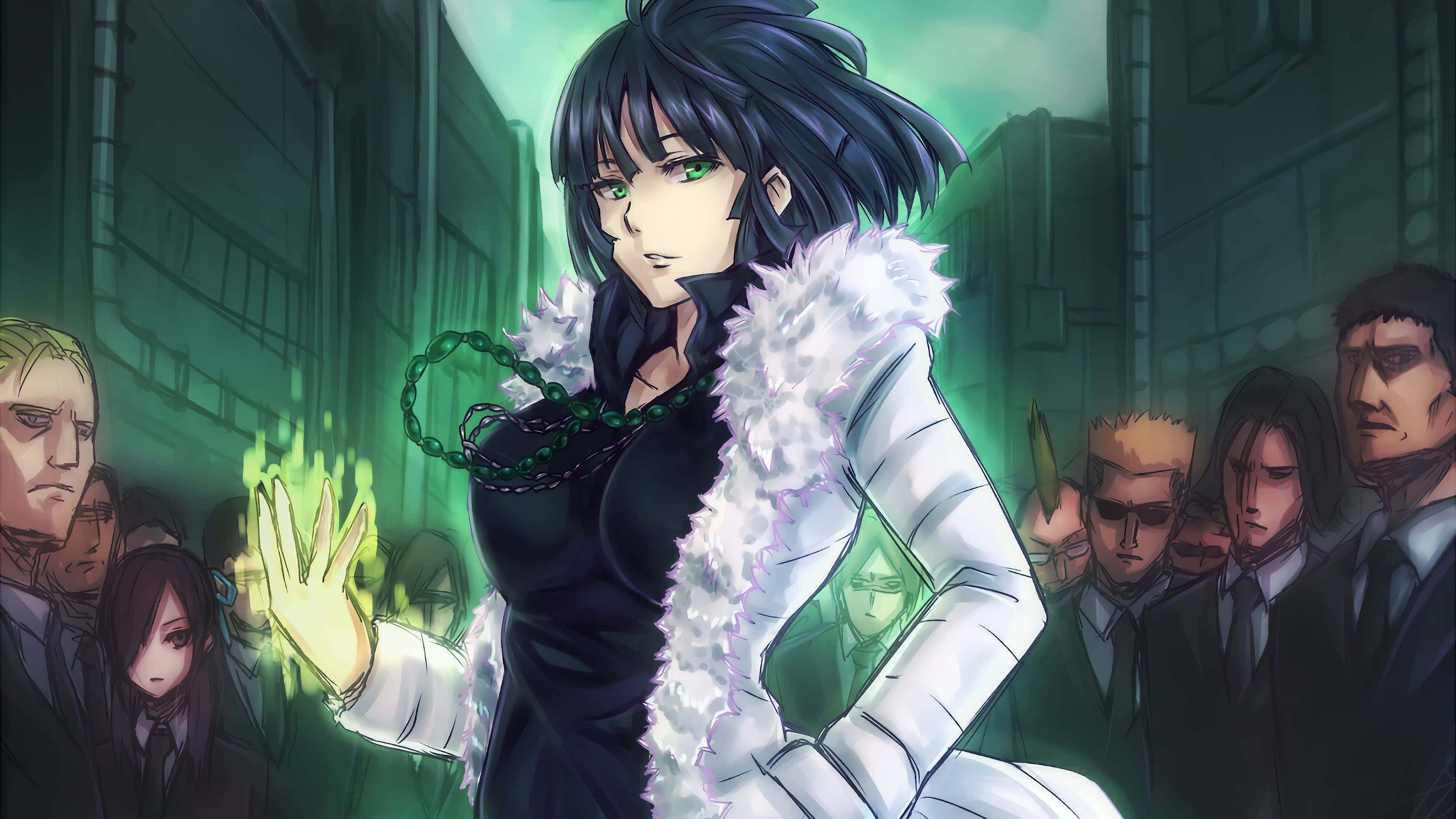 Hellish Blizzard, neon-lit alleyway, dark-haired anime woman, 4K Desktop Wallpaper