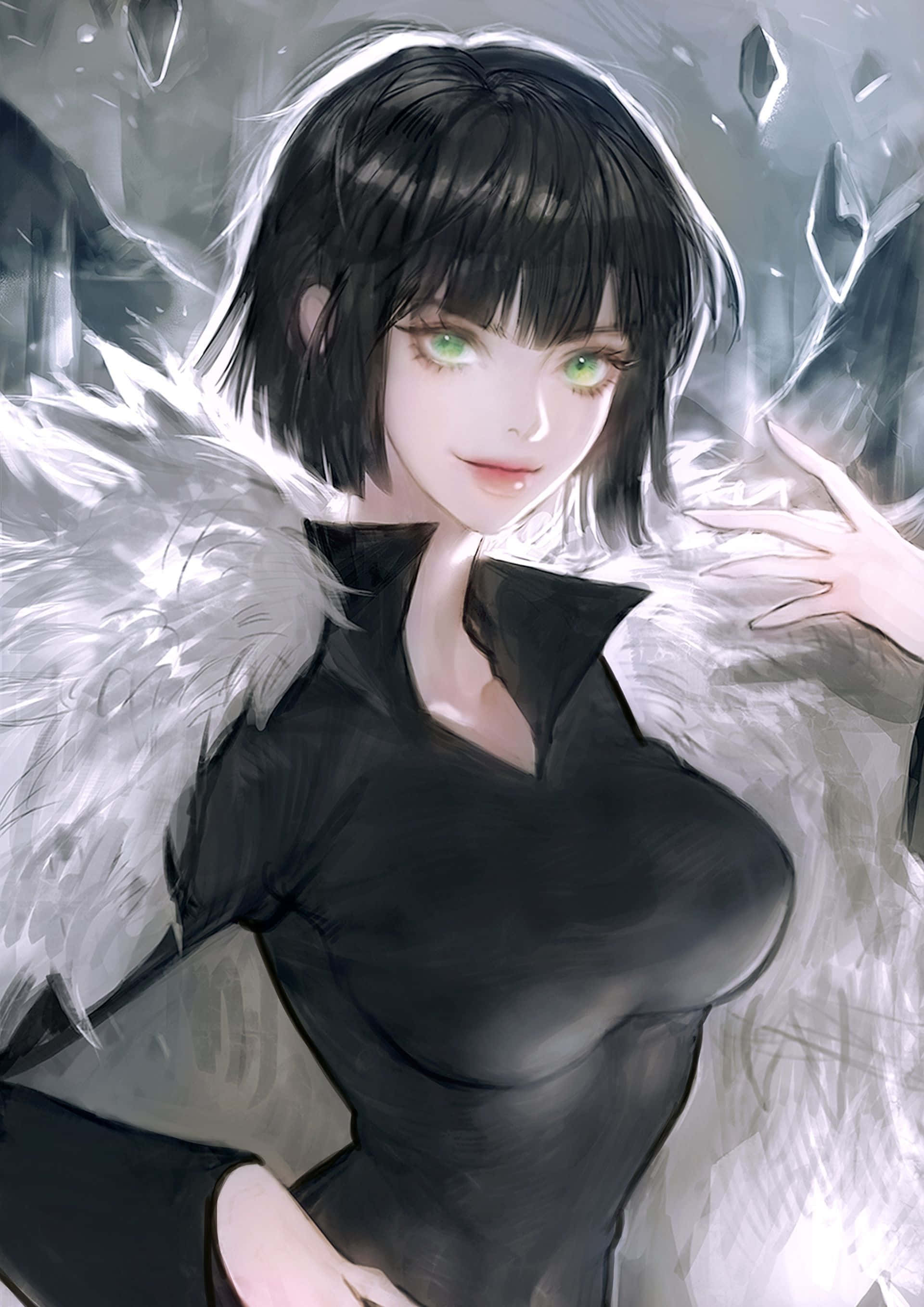 Hellish Blizzard, anime girl, glowing green eyes, 2K Phone Wallpaper