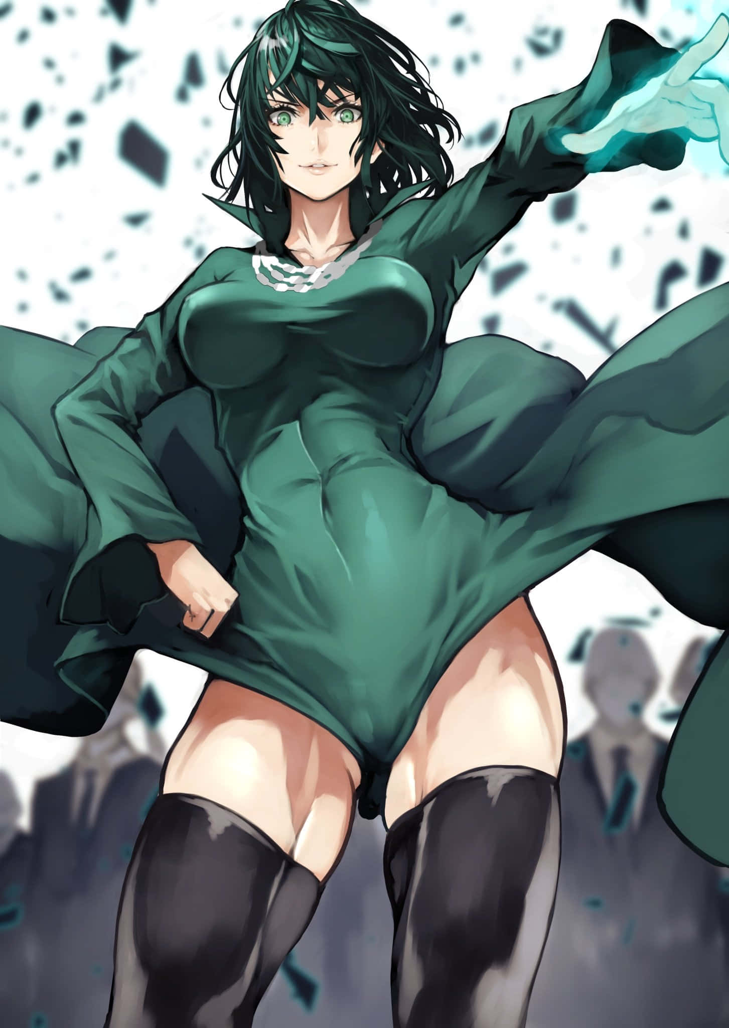 green-haired anime woman, flowing green dress, black thigh-high boots, Full HD Phone Wallpaper