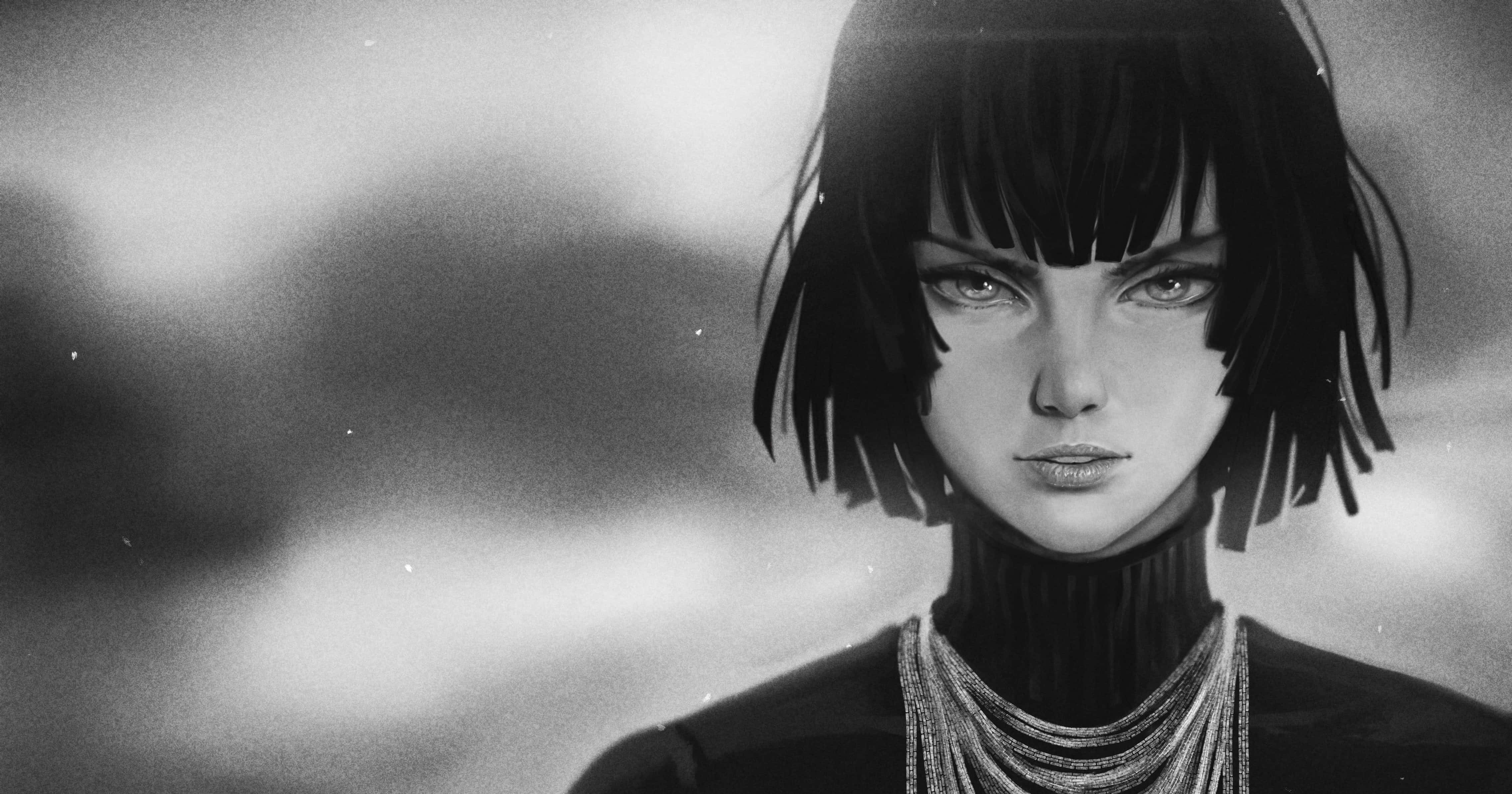 Hellish Blizzard, black and white portrait, short bob hair, 4K Desktop Wallpaper