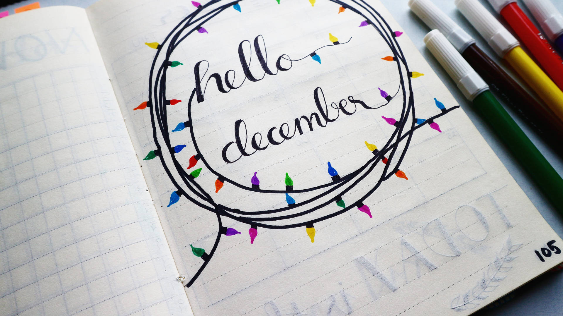 Hello December, cursive, colorful hand-drawn string lights, Full HD Desktop Wallpaper