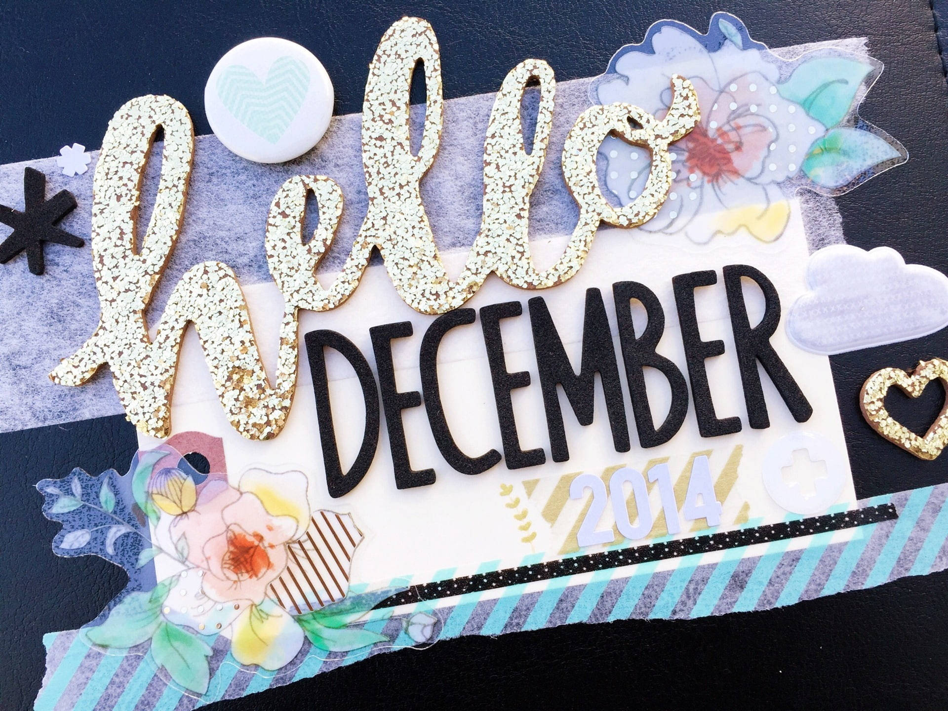 December 2014, scrapbook page, glittery hello text, Full HD Desktop Wallpaper