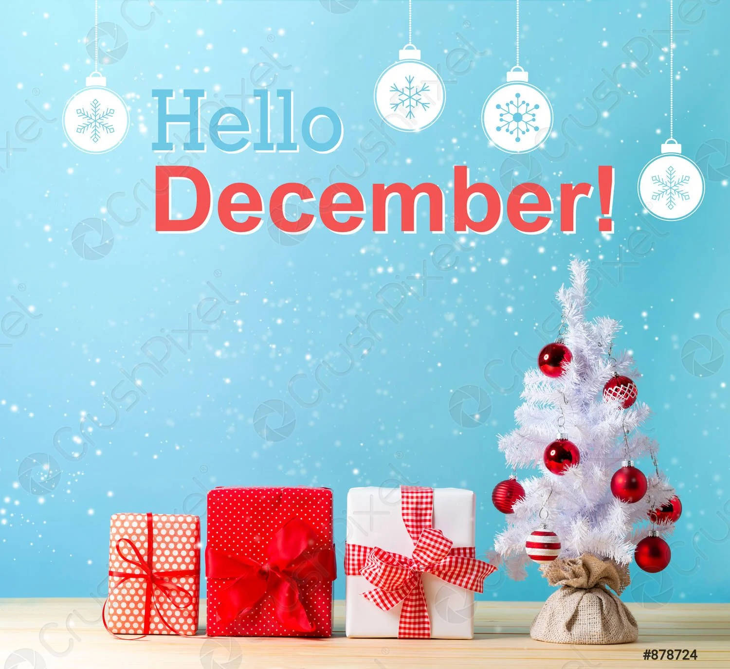 Hello December, blue snowy background, three wrapped gifts, HD Desktop Wallpaper
