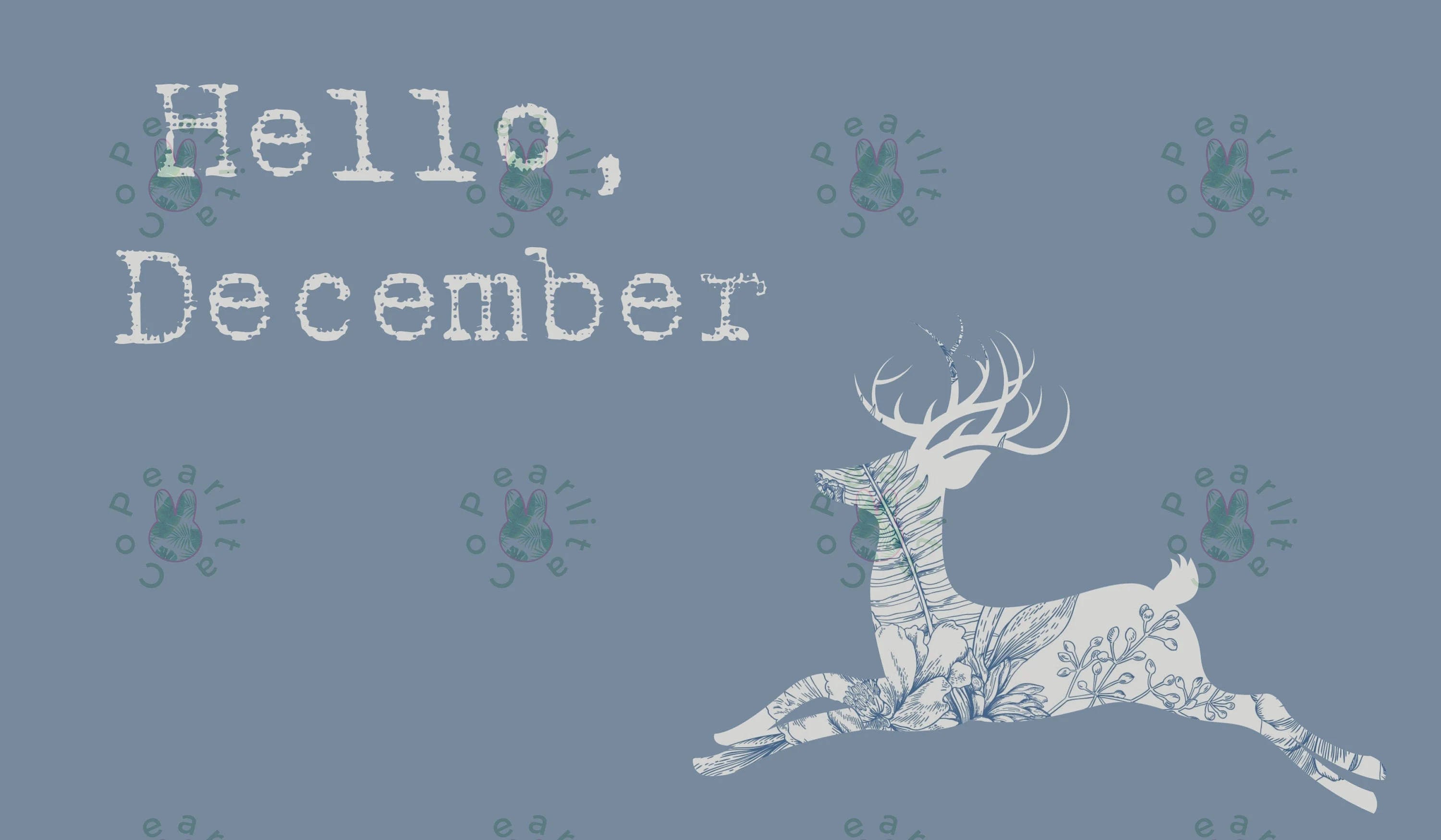 Hello December, white deer, leafy patterns, 2K Desktop Wallpaper