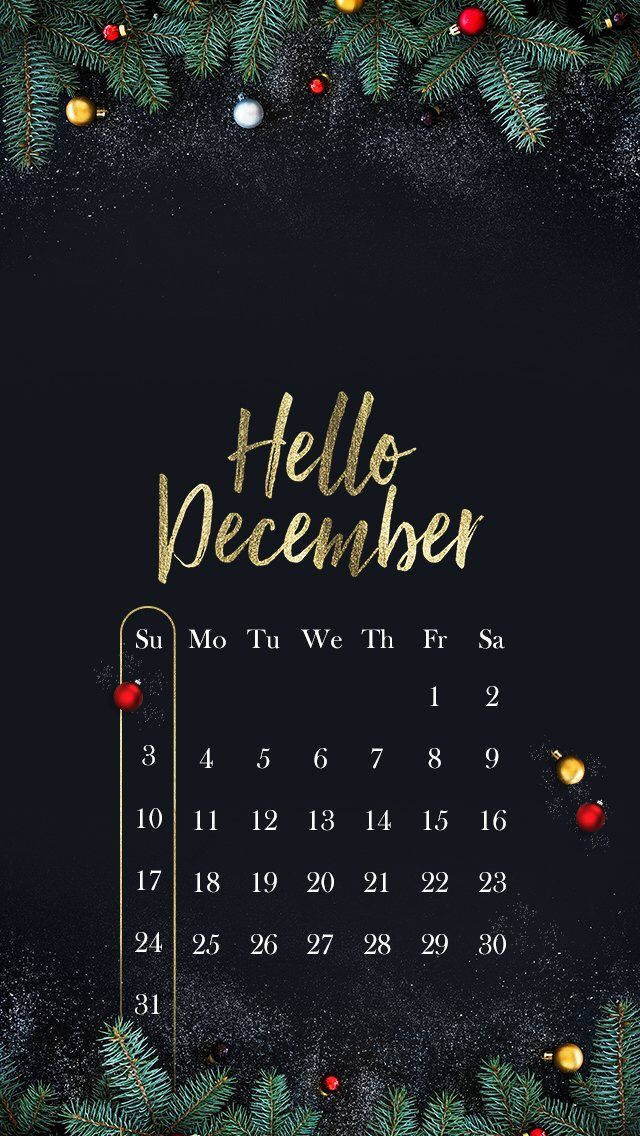 Hello December, gold script, pine branches, SD Phone Wallpaper