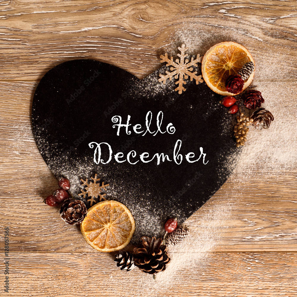 Hello December, heart-shaped chalkboard, white cursive, SD Desktop Wallpaper