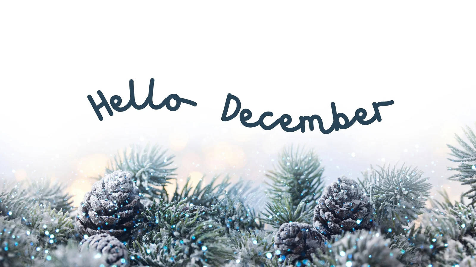 Hello December, white pine leaves, blue glitter, HD Desktop Wallpaper