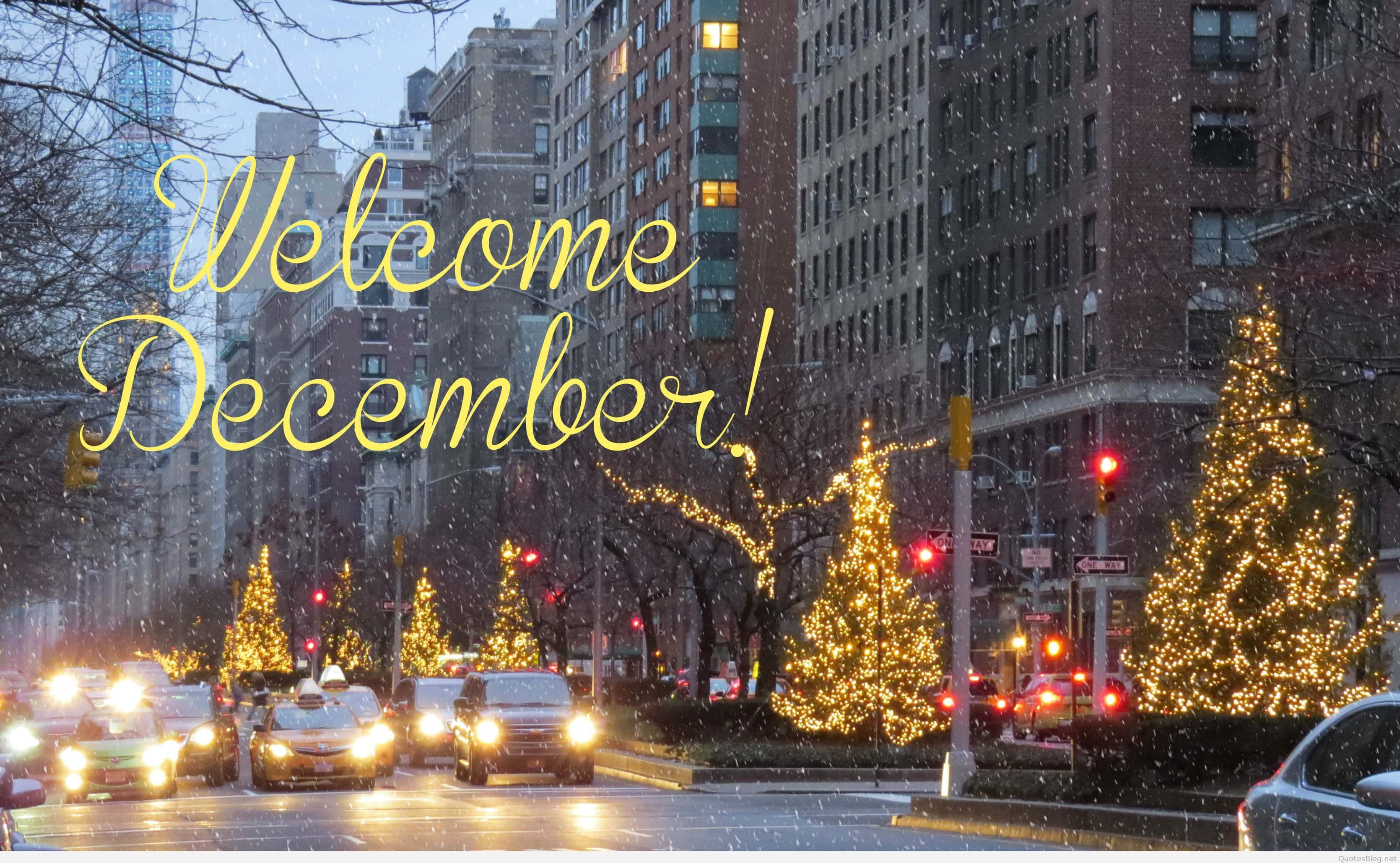 December, snow, city street, 2K Desktop Wallpaper