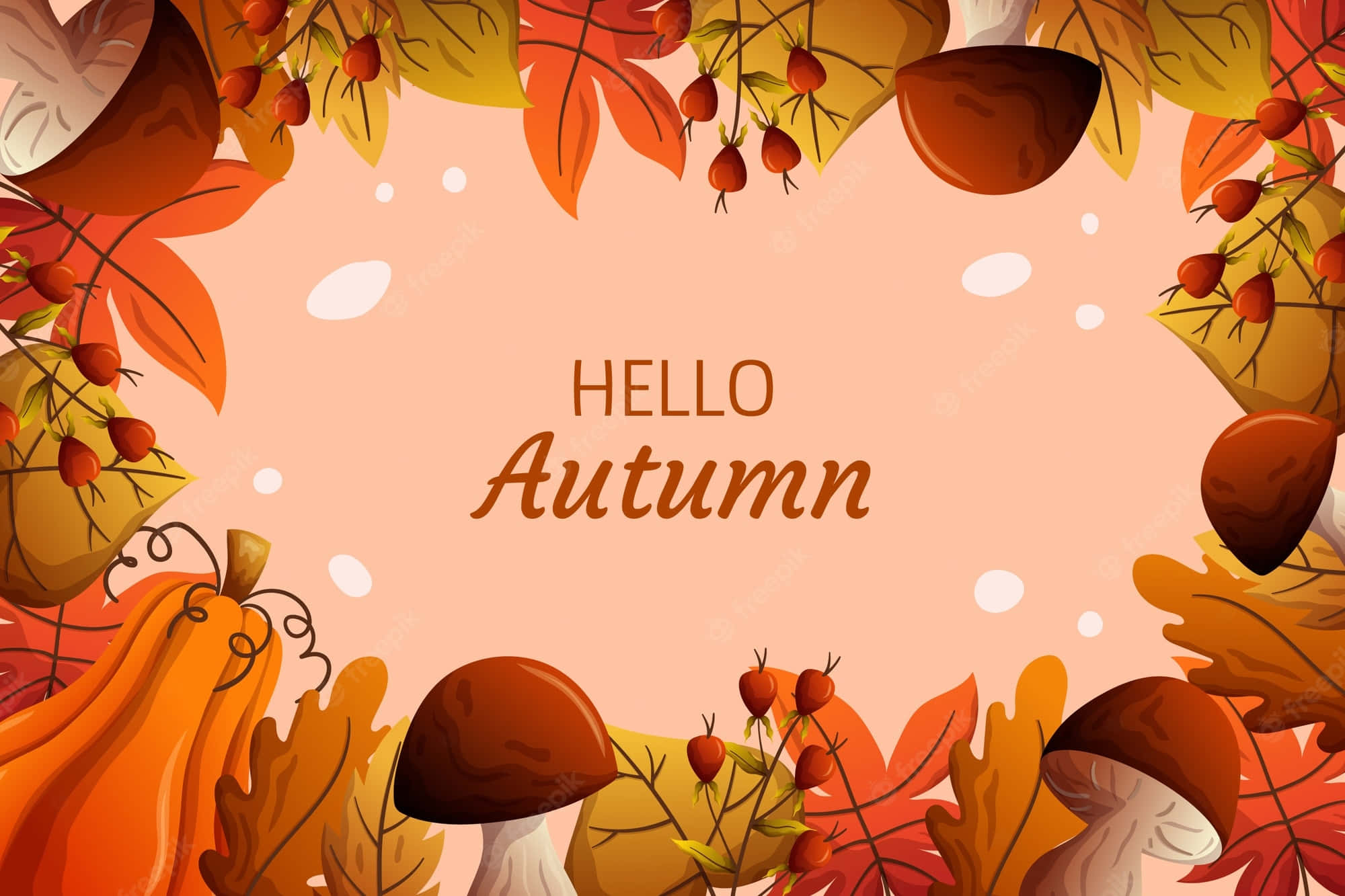 Hello Autumn, autumn-themed illustration, vibrant orange yellow leaves, Full HD Desktop Wallpaper