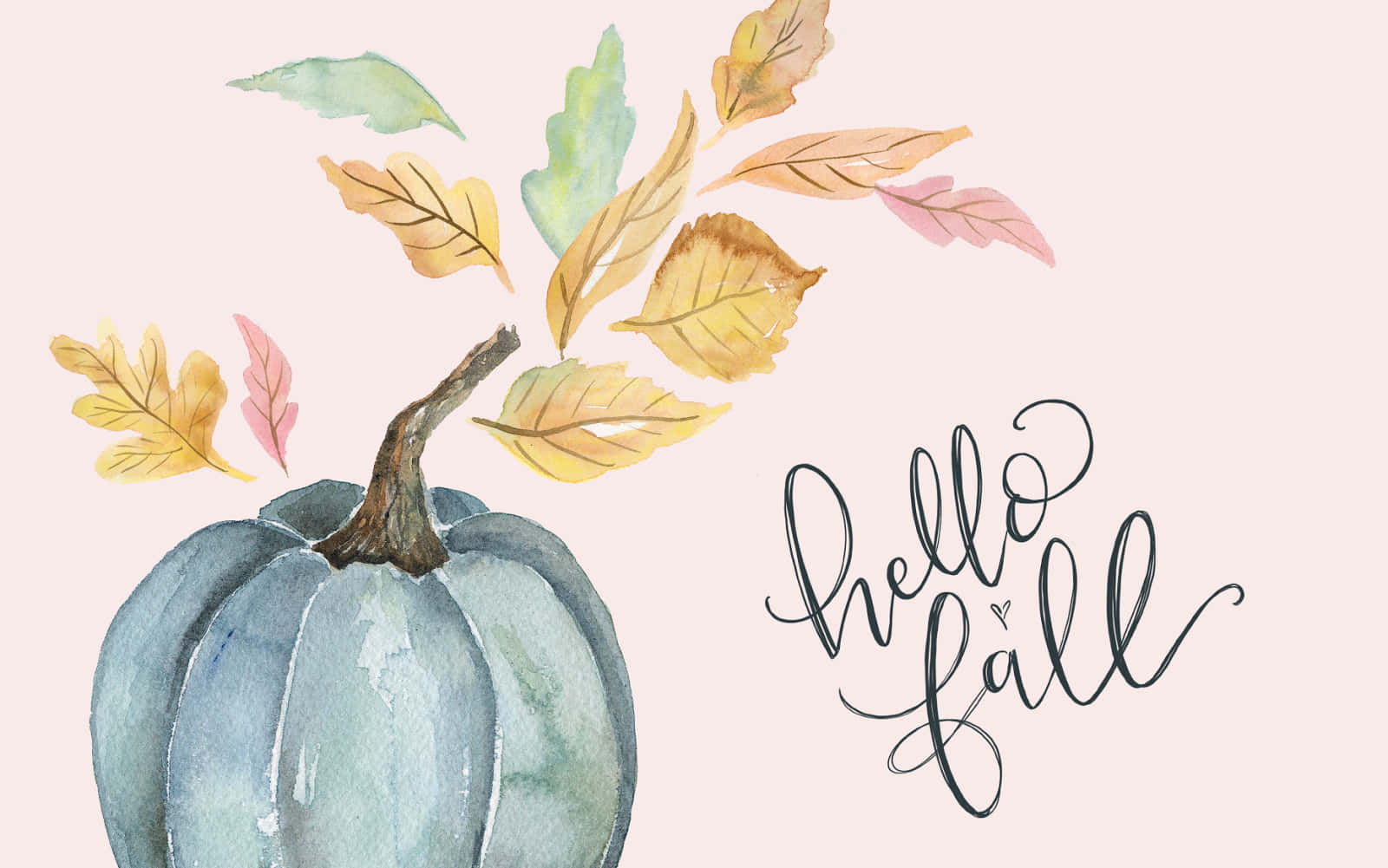 hello fall, watercolor blue pumpkin, autumn leaves, HD Desktop Wallpaper