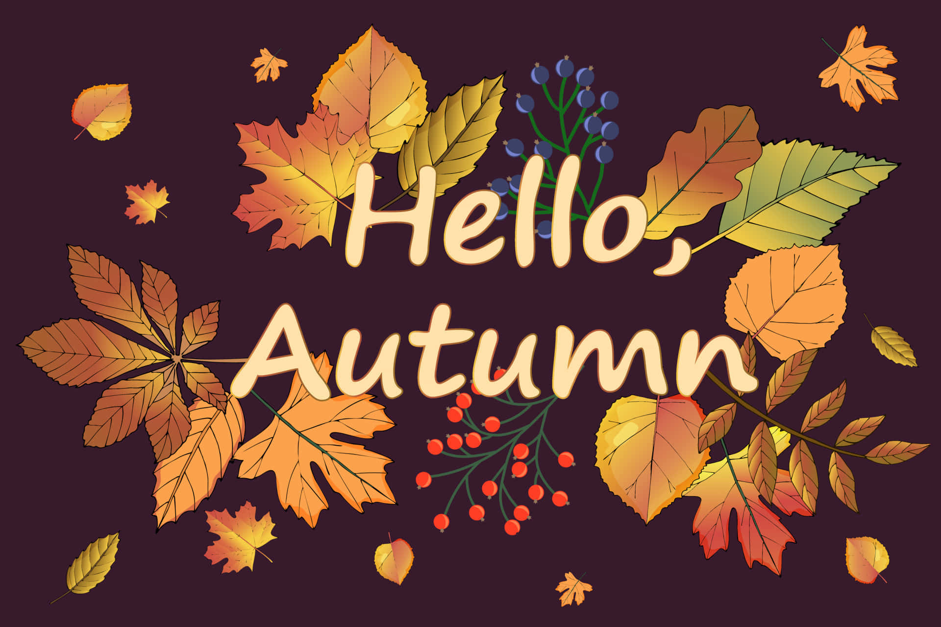 Hello Autumn, autumn leaves, berries, Full HD Desktop Wallpaper
