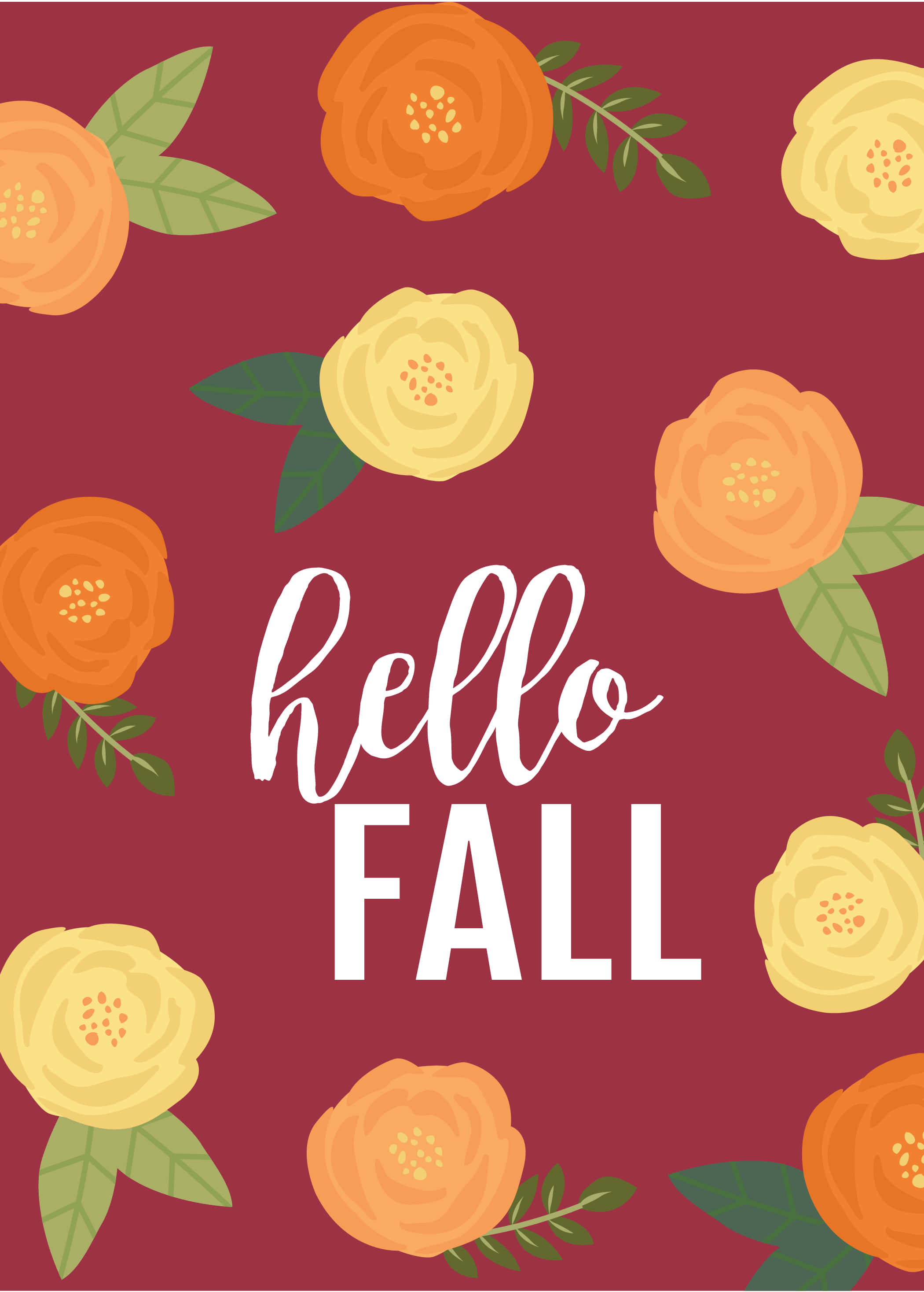 hello FALL, vibrant orange, yellow floral pattern, 2K Phone Wallpaper