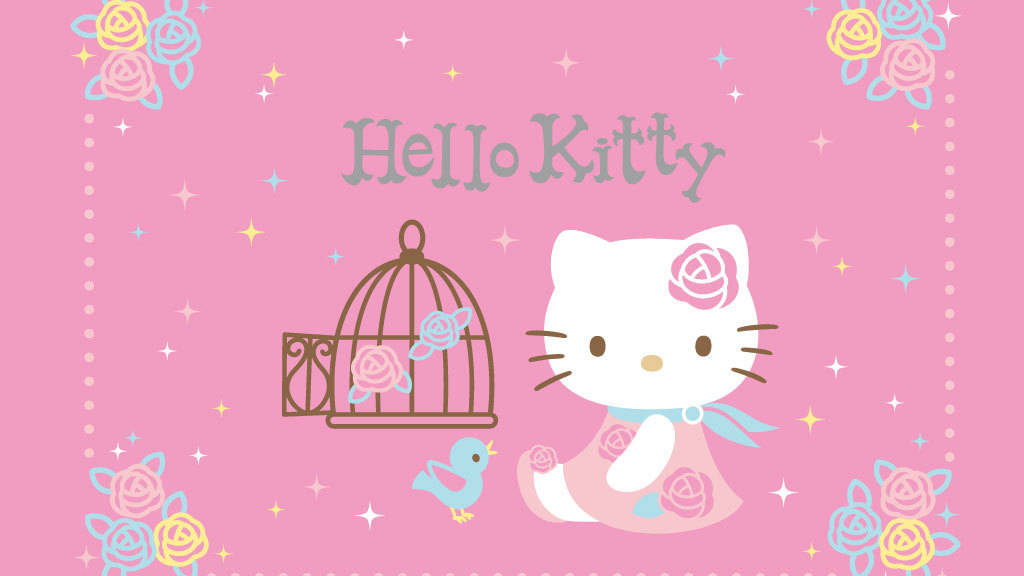 Hello Kitty, pink rose dress, birdcage, SD Desktop Wallpaper
