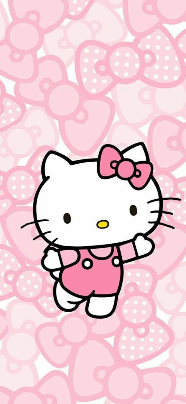 Hello Kitty, pink overalls, repeating pattern of pink bows, HD Phone Wallpaper
