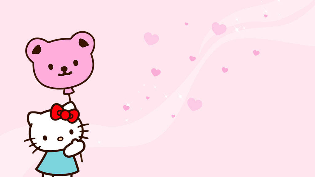 Hello Kitty, pink teddy bear balloon, hearts, SD Desktop Wallpaper