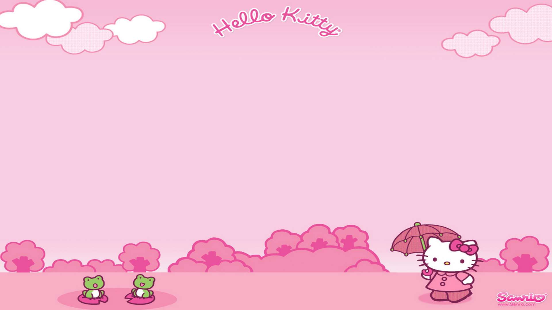 Hello Kitty, pink umbrella, soft pink sky, Full HD Desktop Wallpaper