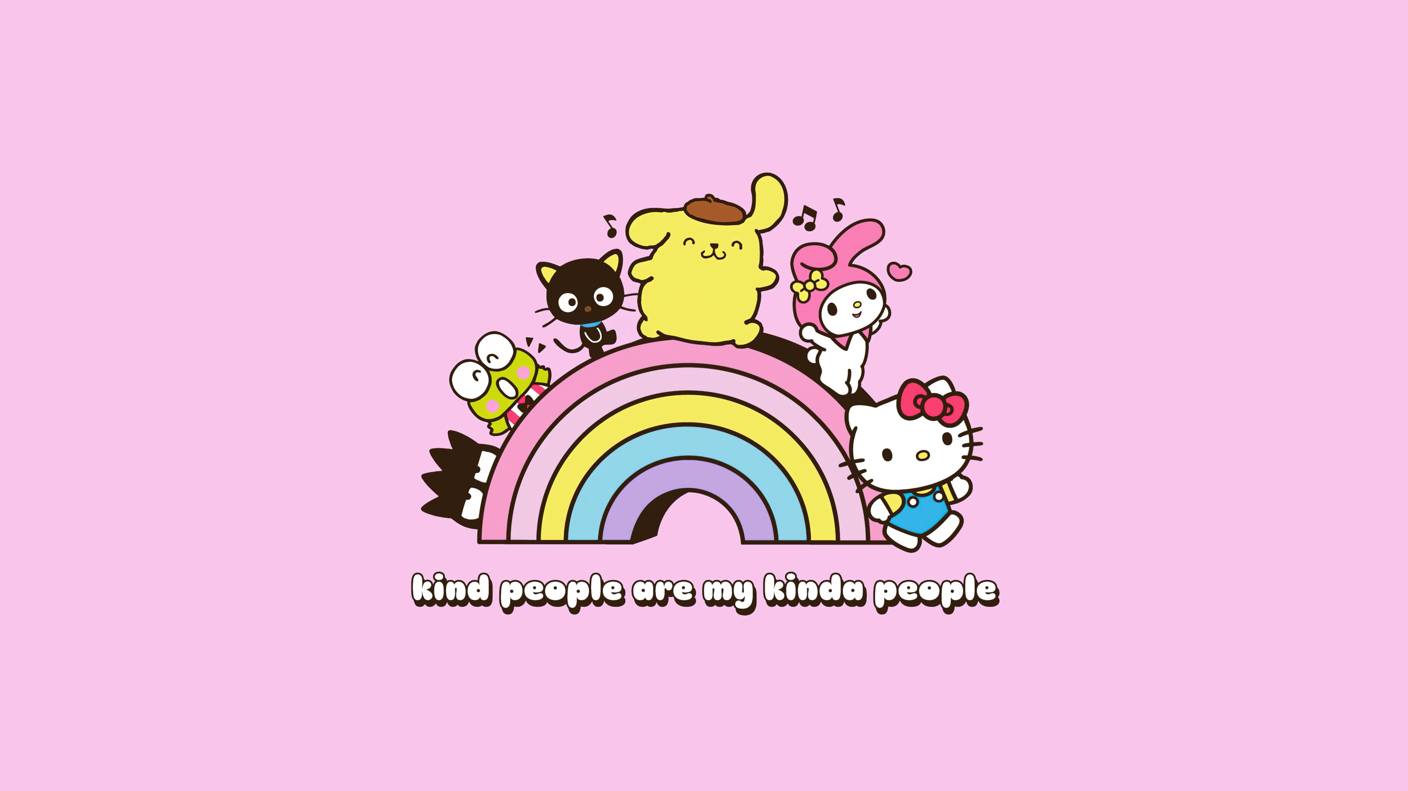 Hello Kitty Friends, rainbow, soft pink background, 4K Desktop Wallpaper