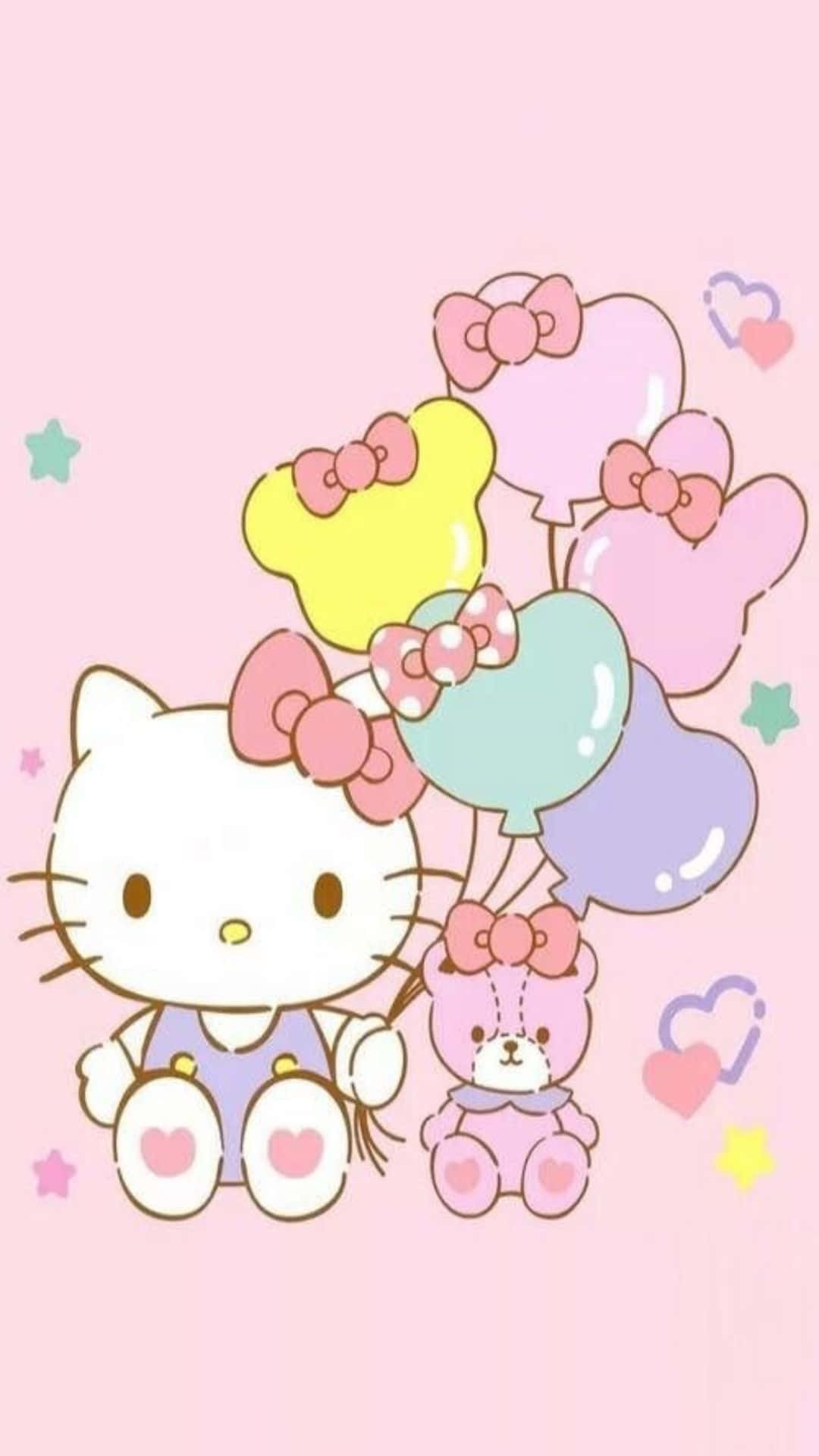 Hello Kitty, pink teddy bear, colorful balloons with bows, Full HD Phone Wallpaper