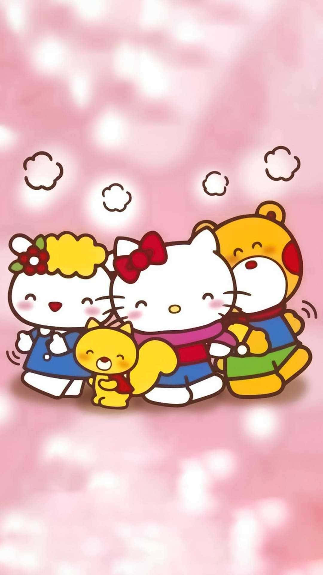 Hello Kitty, Friends, pink background, Full HD Phone Wallpaper
