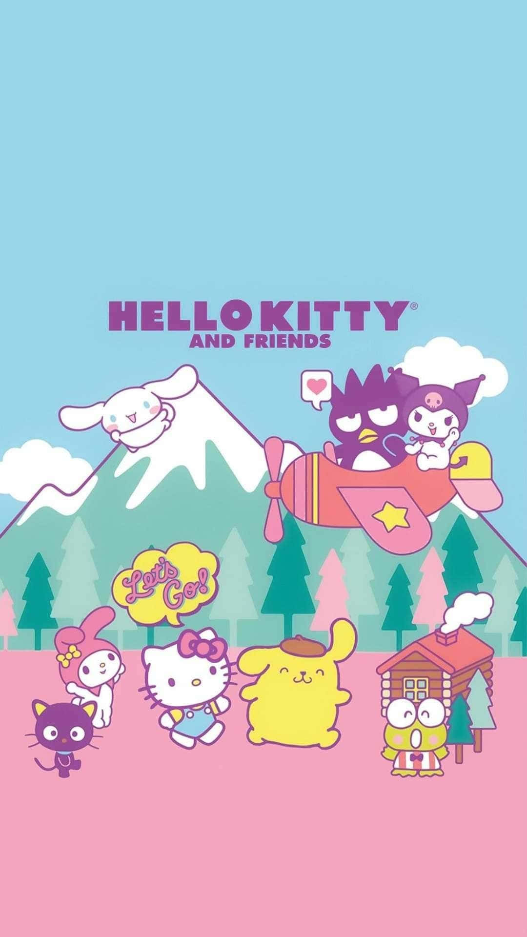 Hello Kitty and Friends, whimsical forest scene, pink airplane, Full HD Phone Wallpaper