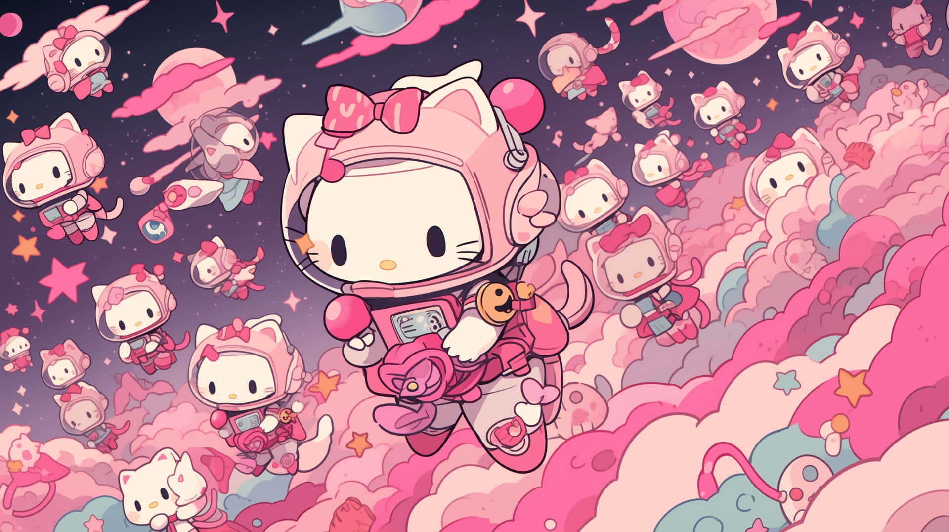 Hello Kitty, pink astronaut suit, fluffy pink clouds, Full HD Desktop Wallpaper