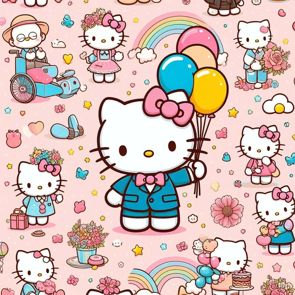 Hello Kitty, blue suit, balloons, SD Desktop Wallpaper