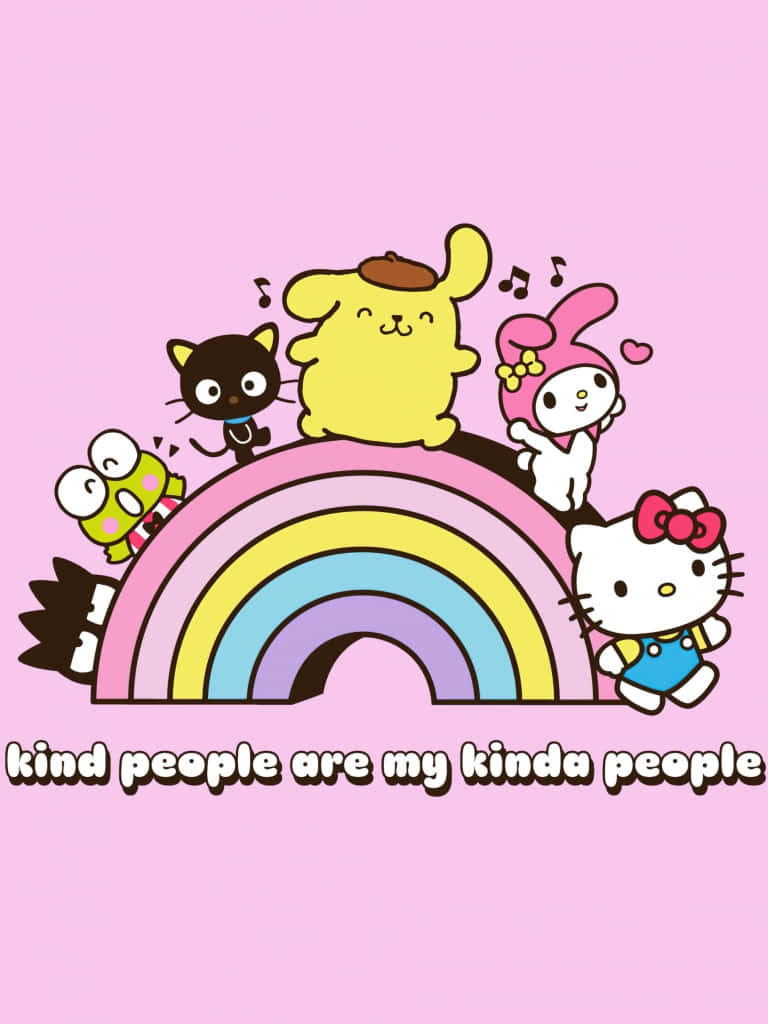 Hello Kitty Friends, rainbow, soft pink background, SD Phone Wallpaper