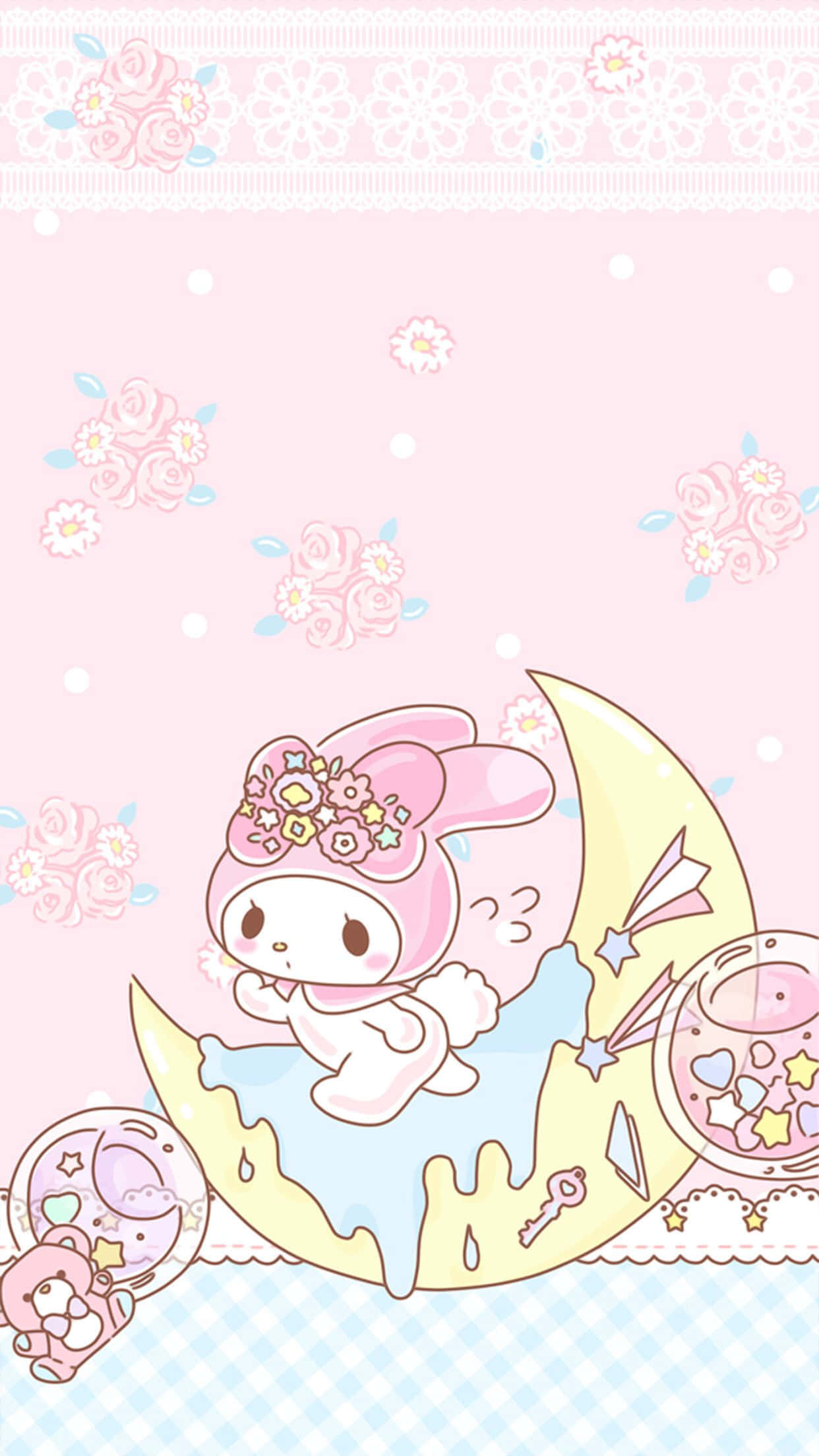 Hello Kitty and Friends, pink bunny character, crescent moon, Full HD Phone Wallpaper