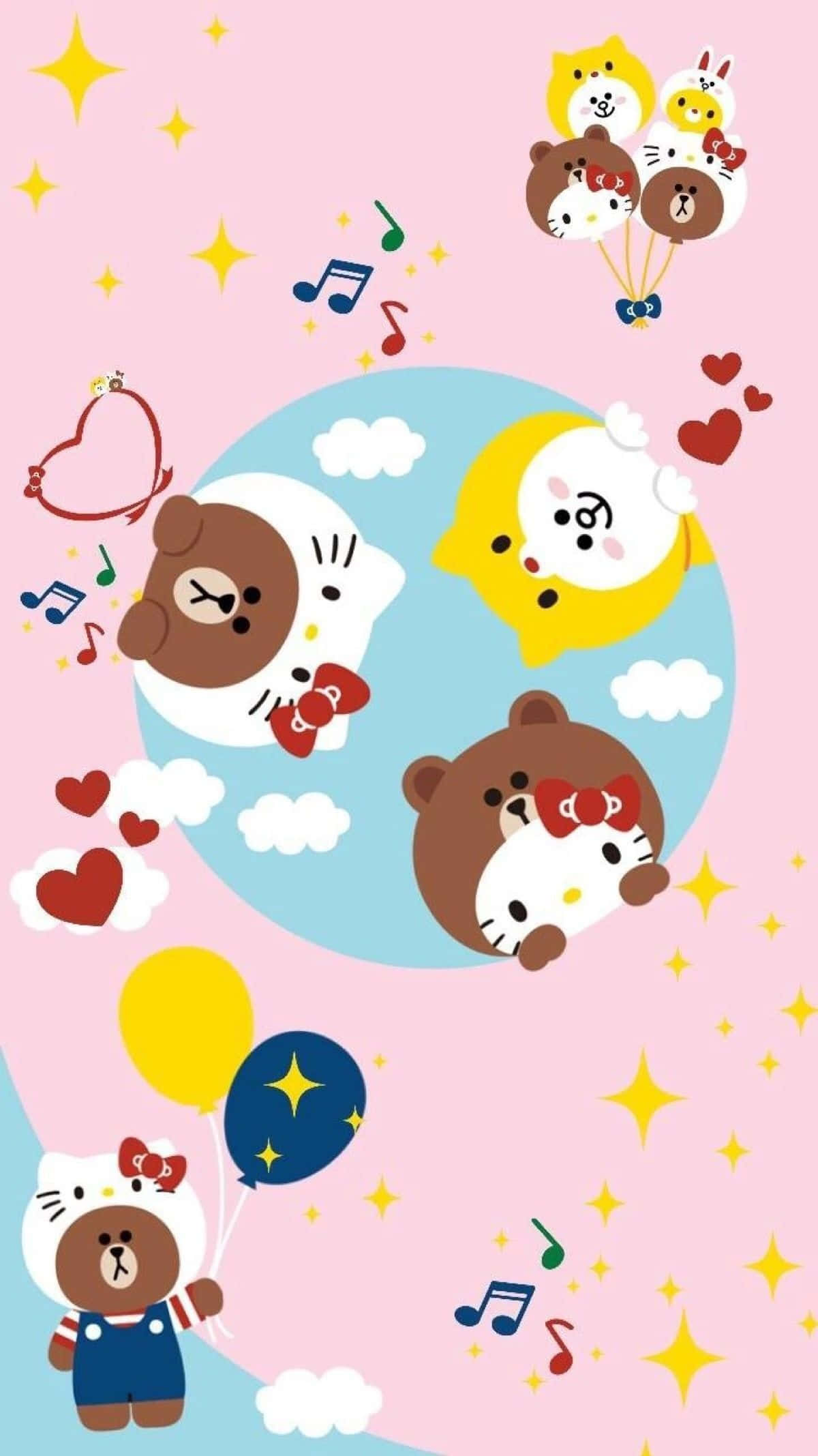 Hello Kitty and Friends, pink sky, balloons, Full HD Phone Wallpaper