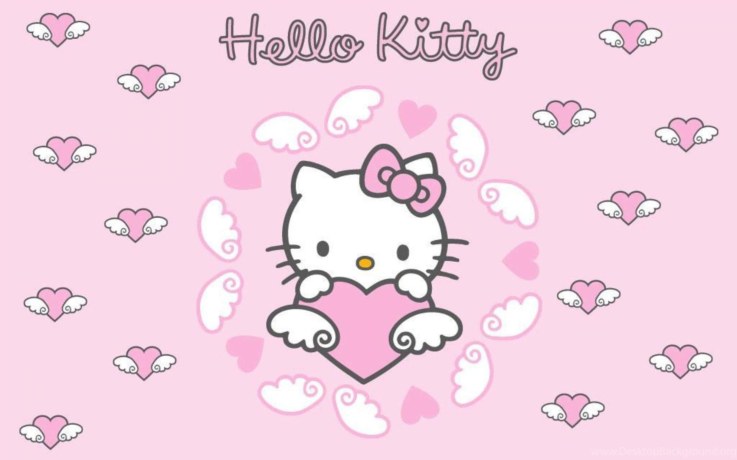 Hello Kitty, angel wings, pink heart, 2K Desktop Wallpaper