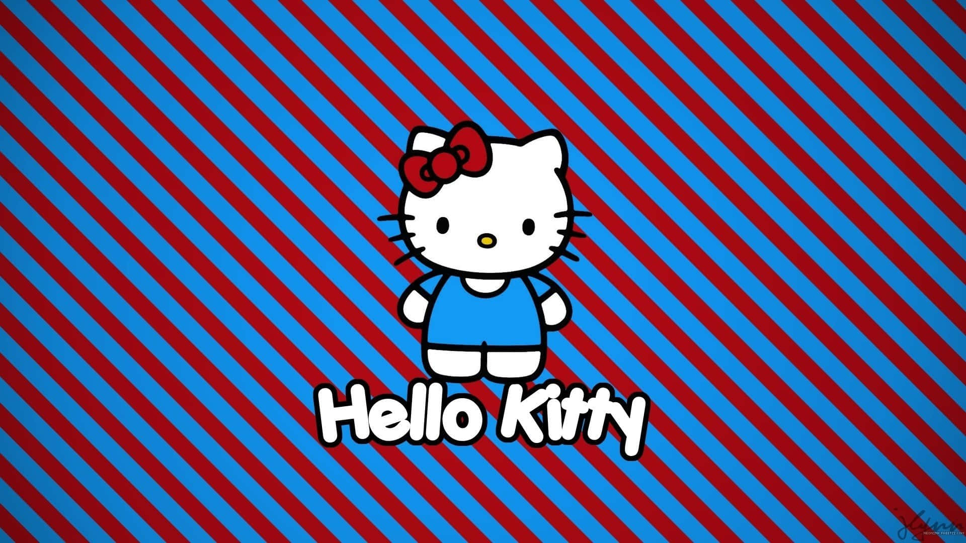 Hello Kitty, blue outfit, red and blue diagonal stripes, Full HD Desktop Wallpaper