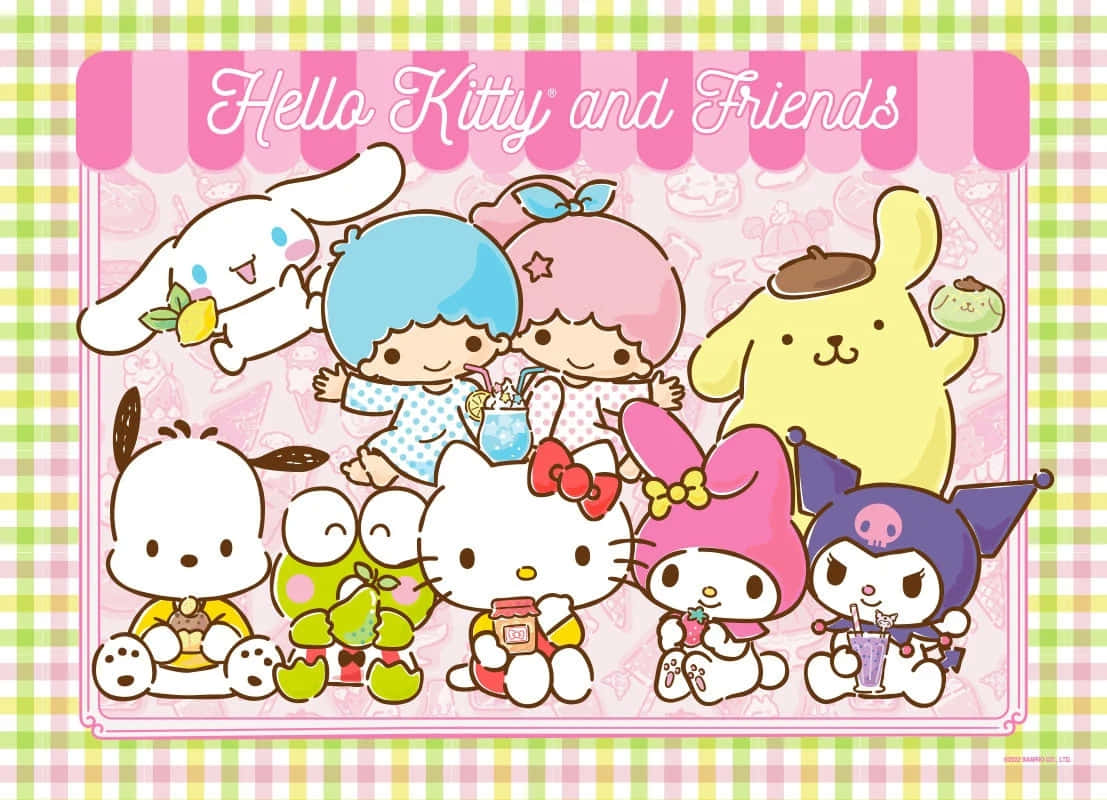 Hello Kitty, friends, pink striped awning, SD Desktop Wallpaper