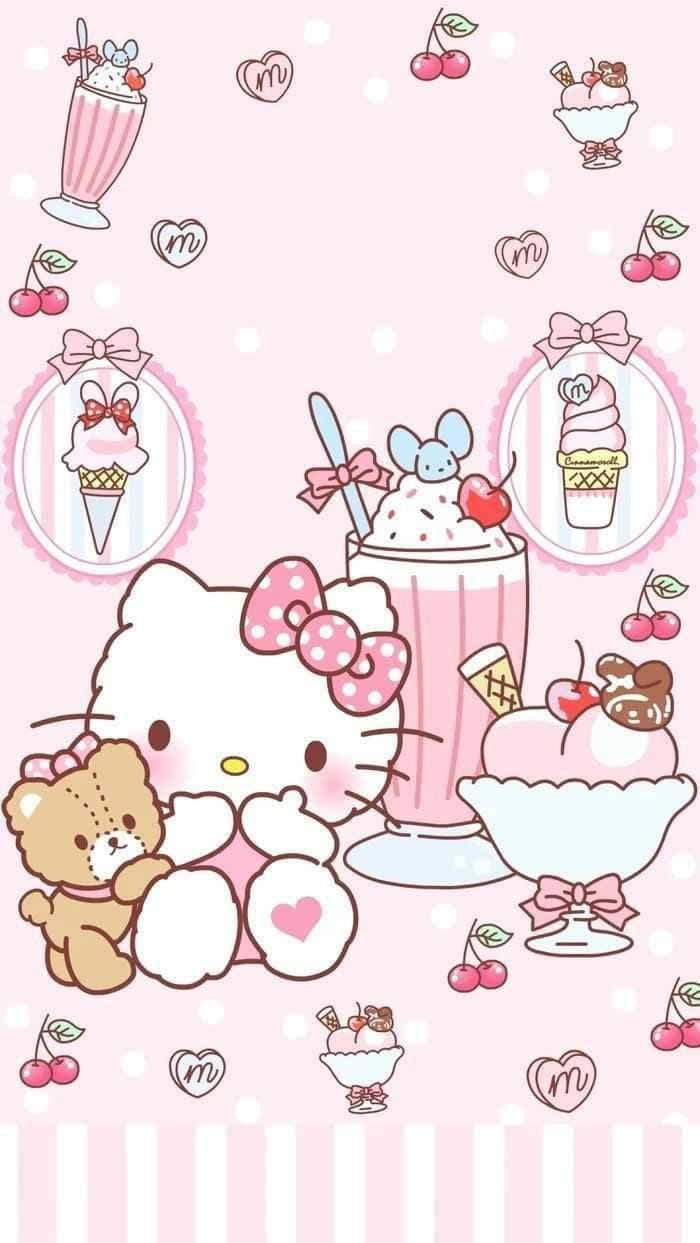 Hello Kitty, pink polka dot bow, teddy bear, SD Phone Wallpaper