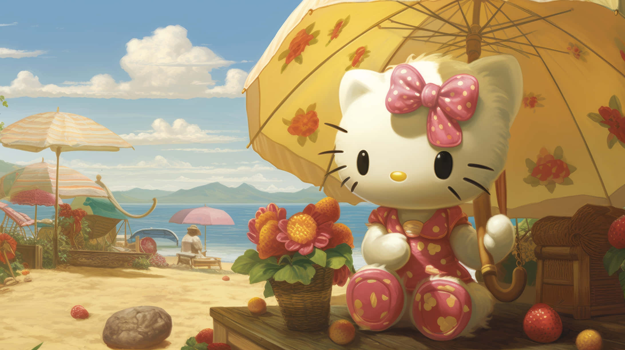Hello Kitty, pink floral outfit, yellow umbrella, Full HD Desktop Wallpaper