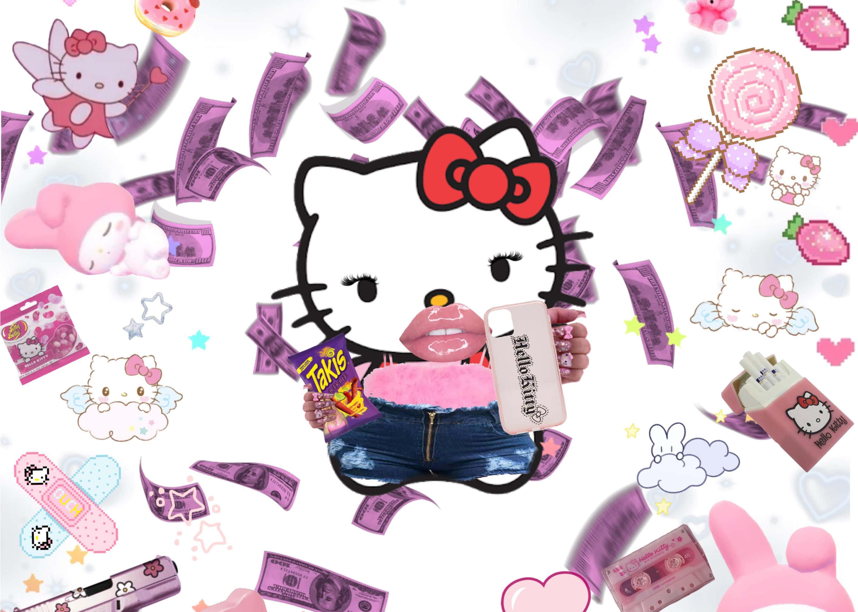 Hello Kitty, pink money candy, merchandise, 2K Desktop Wallpaper