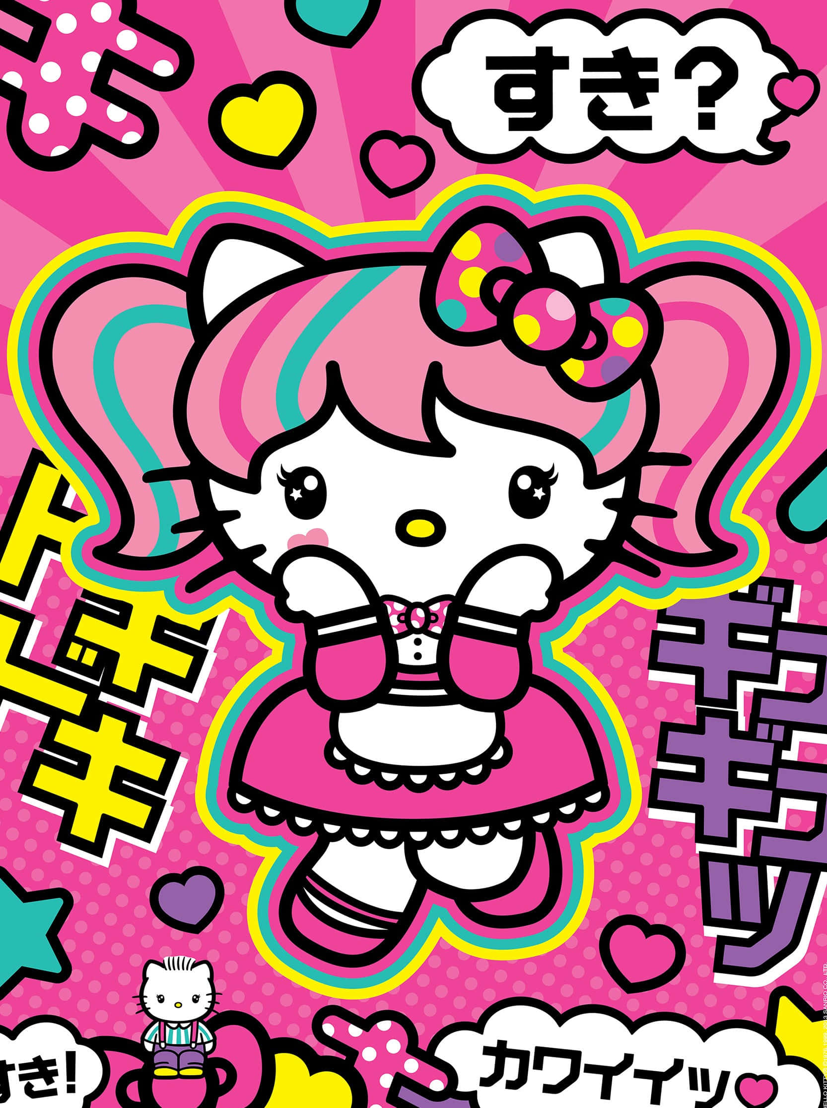 Hello Kitty, rainbow pigtails, polka dot bow, Full HD Phone Wallpaper