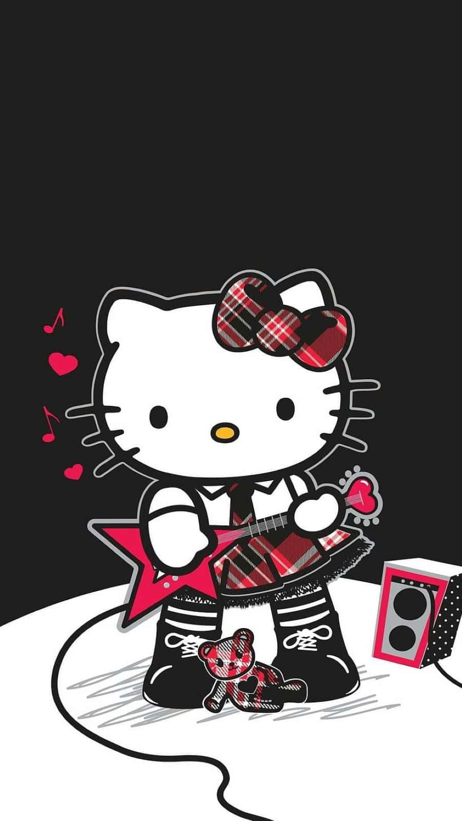 Hello Kitty, red plaid guitar, hearts, HD Phone Wallpaper