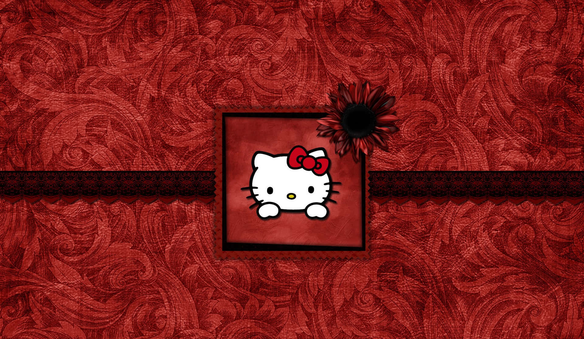 Hello Kitty, red floral background, framed red panel, Full HD Desktop Wallpaper
