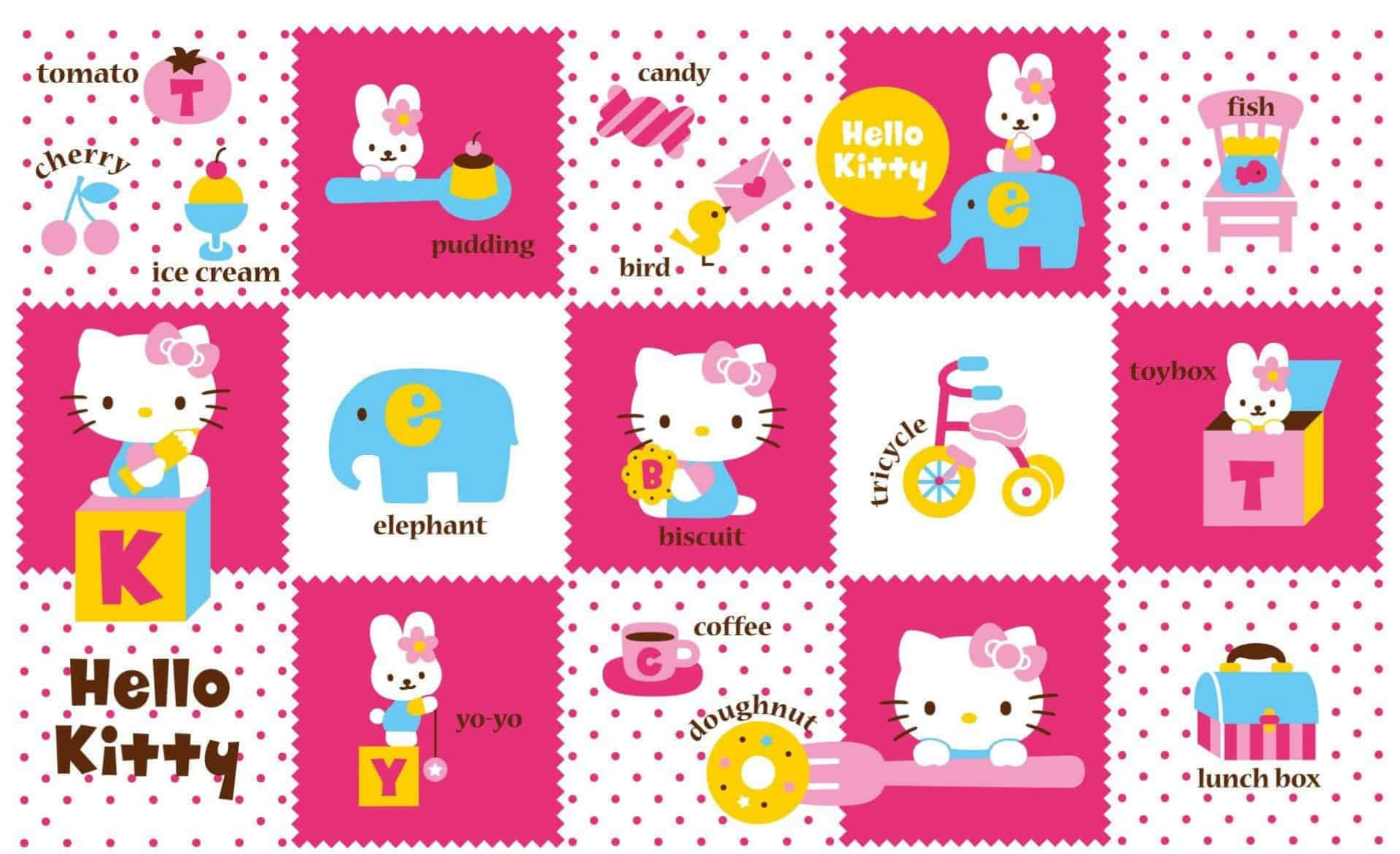 Hello Kitty, polka dot background, alphabet blocks, Full HD Desktop Wallpaper