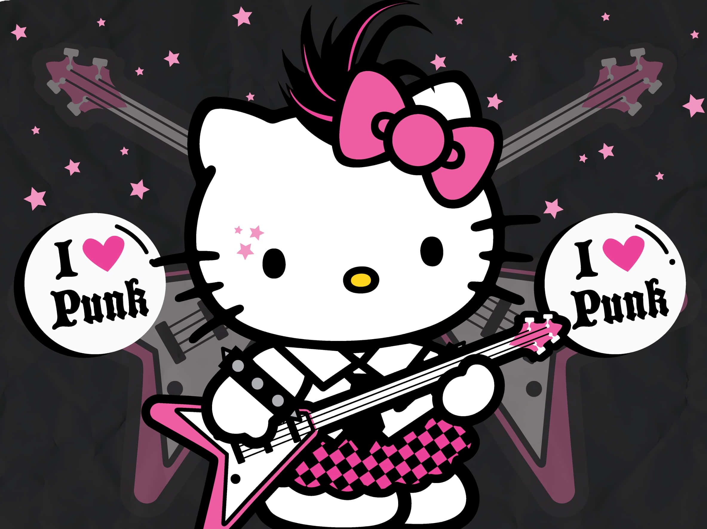 Hello Kitty, pink electric guitar, I Love Punk, Full HD Desktop Wallpaper